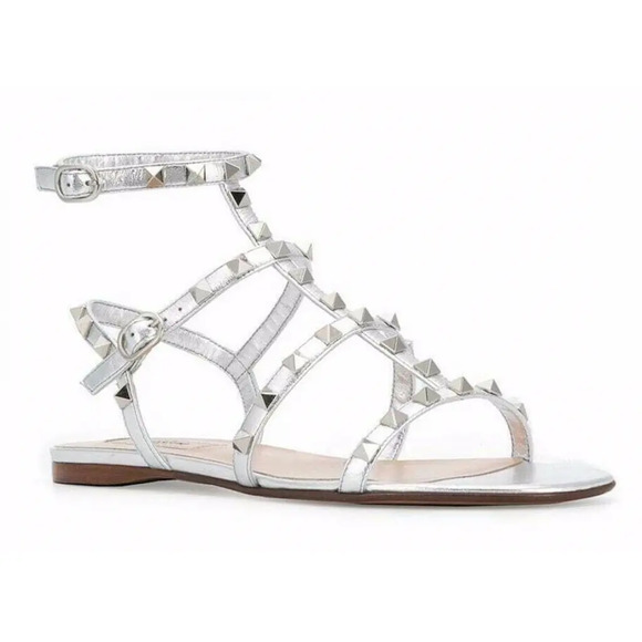 Valentino Rockstud Silver Stud Leather Ankle Strap Gladiator Flat Sandal 36.5 - Picture 3 of 12